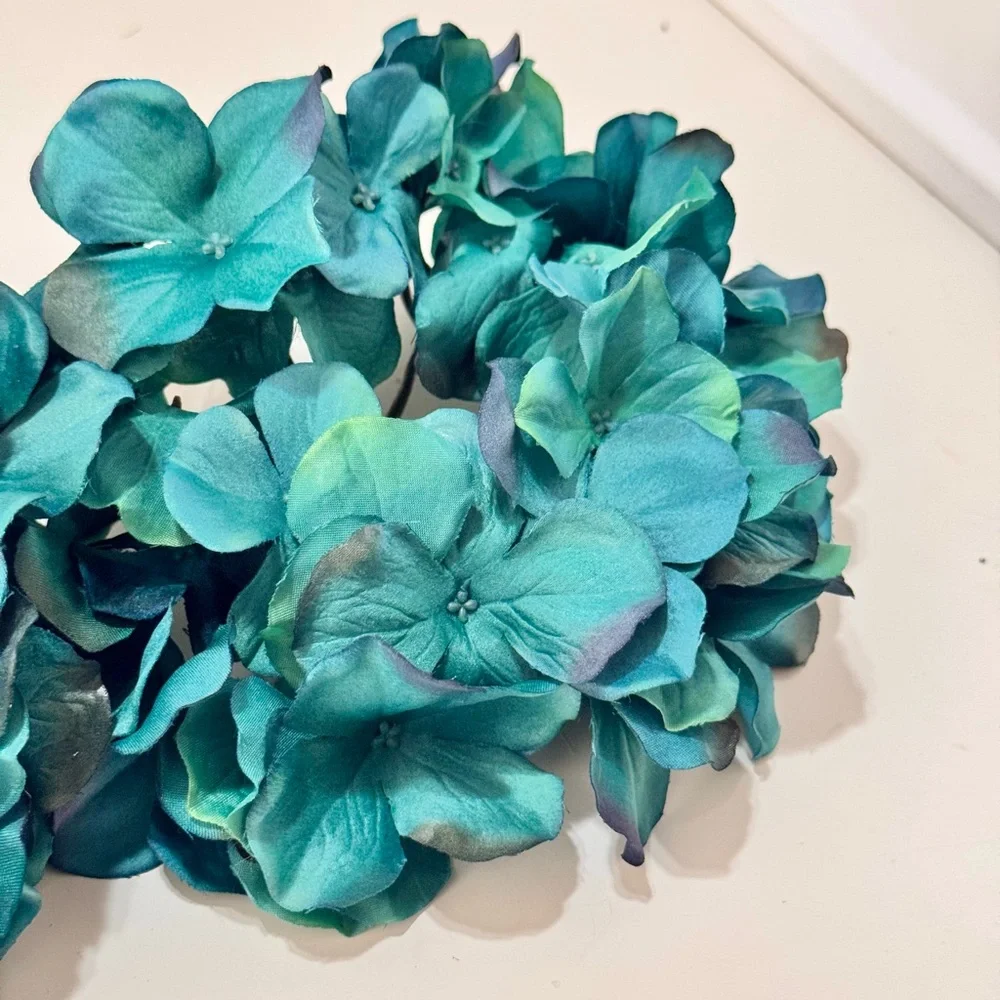 SHABBY CHIC 2 Teal Blue Hydrangea Stems Floral Arrangement Faux Flower Lifelike